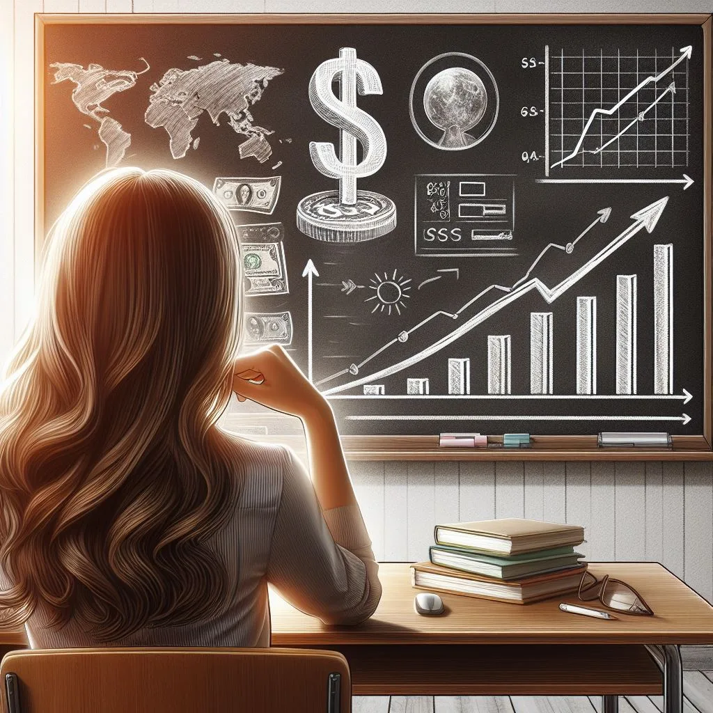 Uma moça sentada em uma cadeira, com braço apoiado na mesa, estudando sobre finanças.