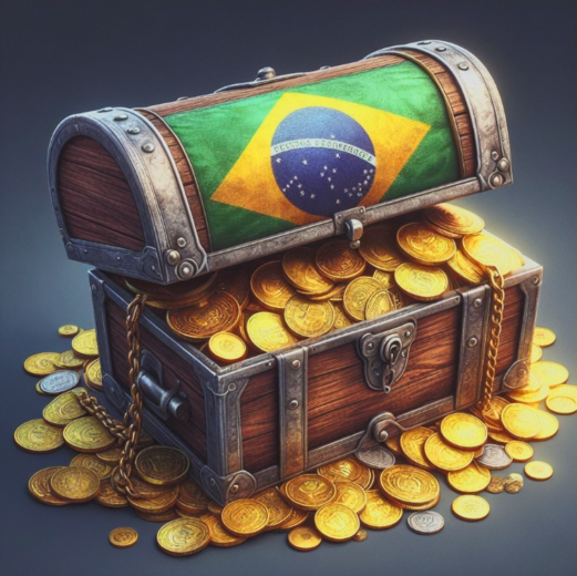 Baú de tessouro cheio de moedas de ouro com a bandeira do Brasil em cima