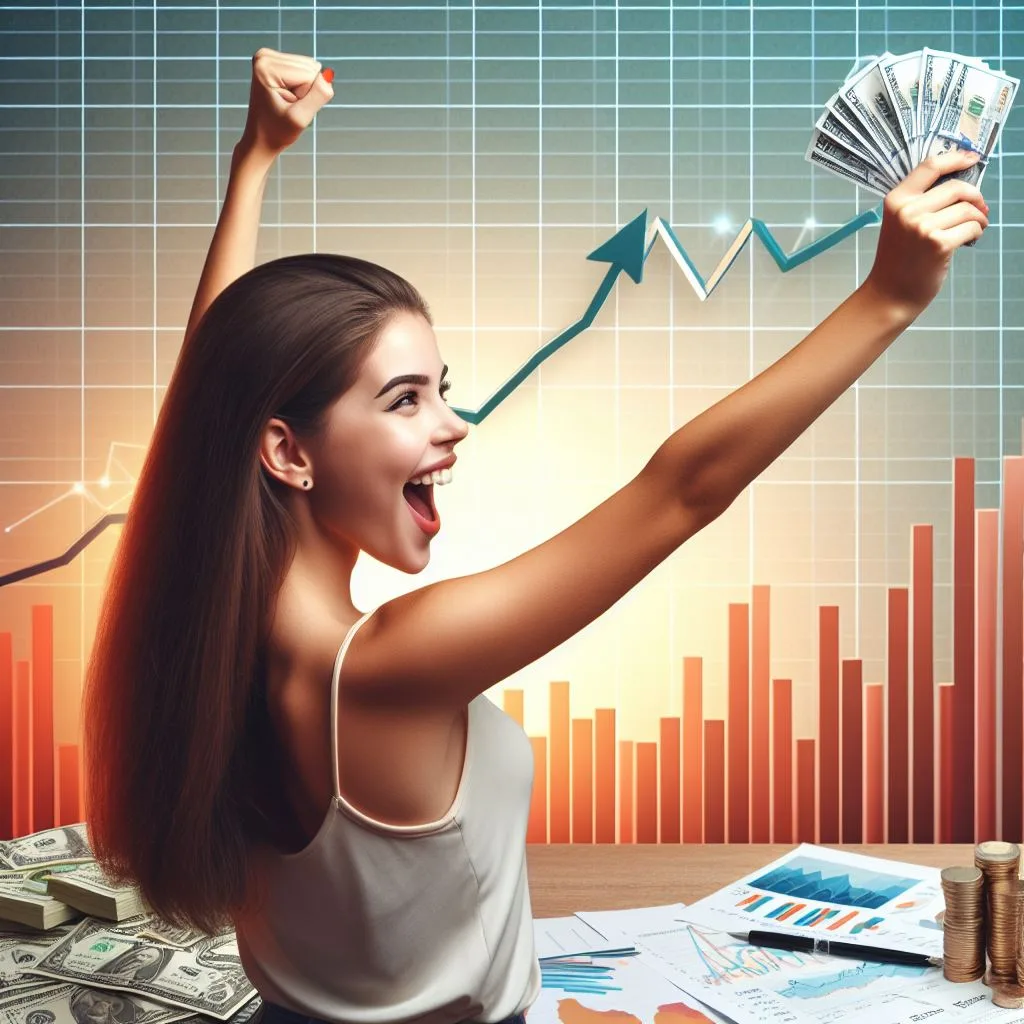 Moça comemorando os bons resultados do mês de Março de 2024